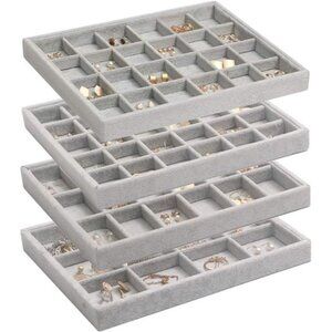 Set of 4 Stackable Velvet Jewelry Trays Organizer, Jewelry Display Storage Box